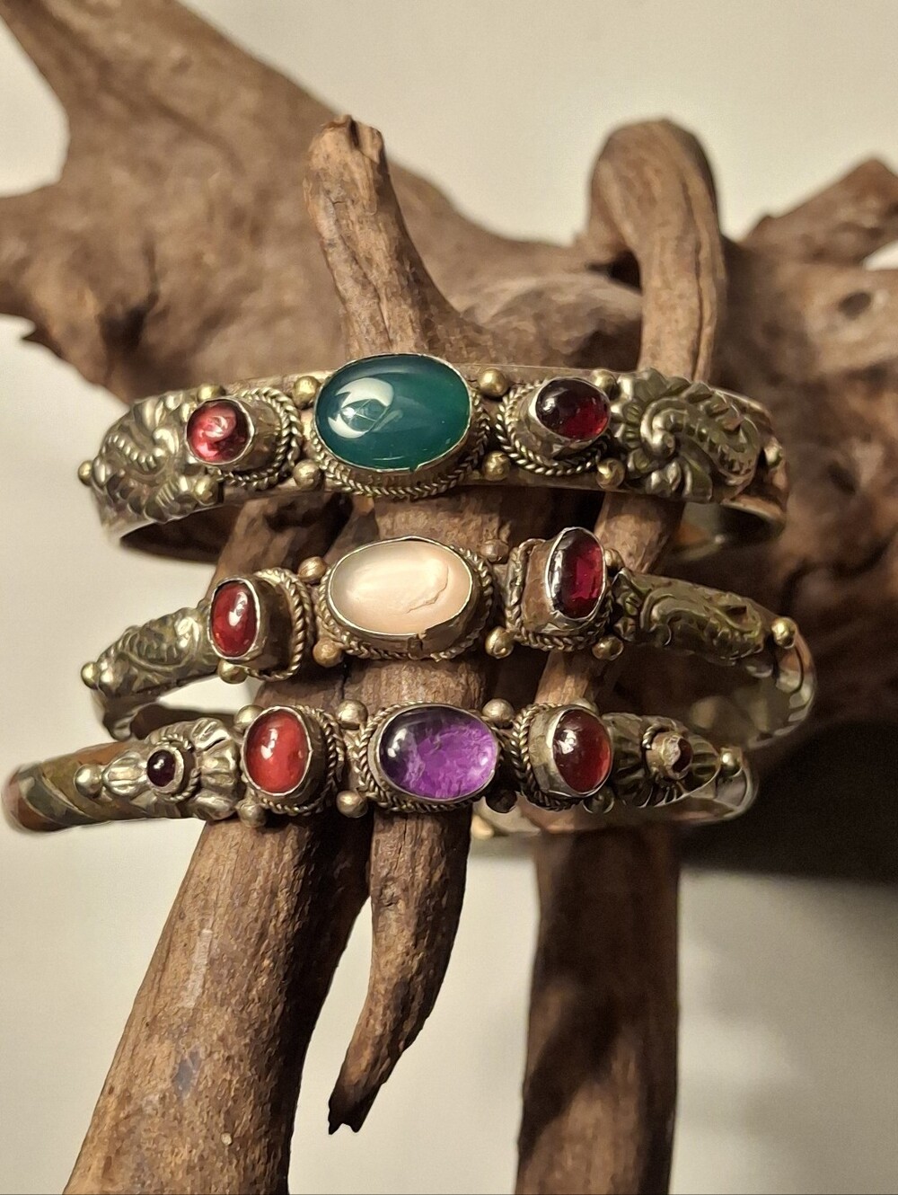 3 Vintage Nepalese Cuff Bracelets Mixed Metal Tribal Adjustable Boho Statement